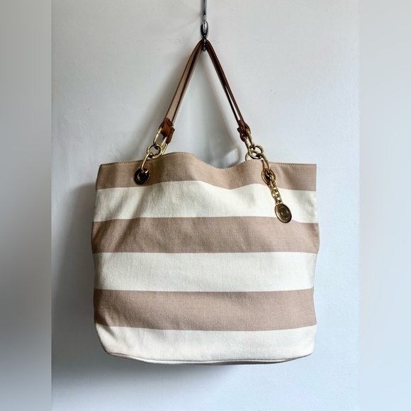 Tommy Hilfiger Striped Tan and Cream Tote Bag - Picture 1 of 8